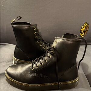 Dr. Martens Black Leather Lace-Up Combat Boots with Yellow Stitching